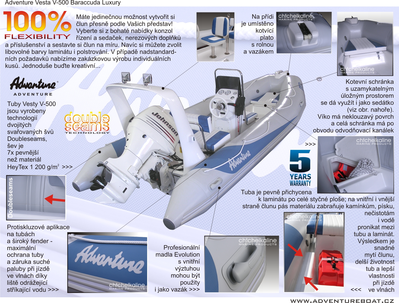 Bližší pohled na esenciální prvky člunu Adventure V-500 v příplatkové výbavě EXCLUSIVE